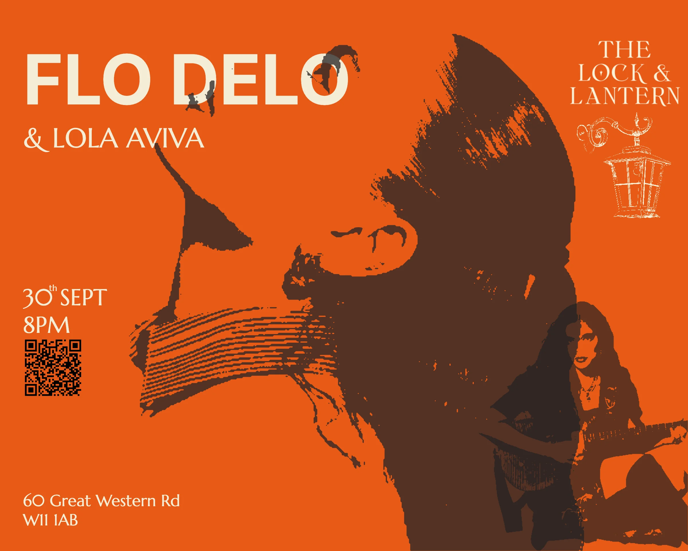 Flyer: Flo Delo and Lola Aviva at The Lock & Lantern, 30th September, 8pm, 60 Great Western Rd, W11 1AB. The QR code links to this page.